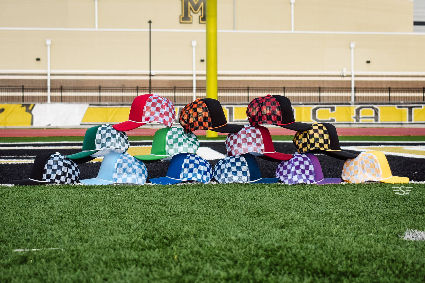 Checkered Mesh Back Cap: Navy/Orange