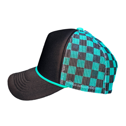 Magna Pony Checkered Mesh Back Cap: Black/ Turquoise
