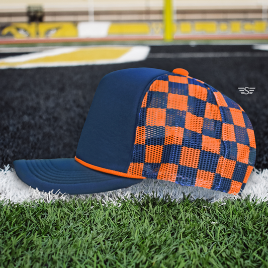 Checkered Mesh Back Cap: Navy/Orange