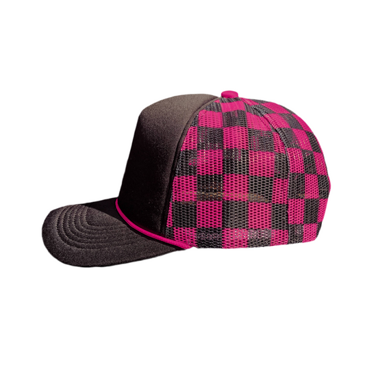 Checkered Mesh Back Cap: Black/ Pink